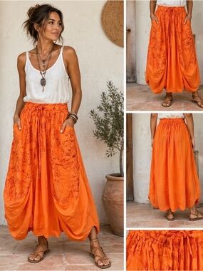 Made In Italy Boho Linen Bubble Maxi Skirt Orange Floral Drawstring One Size New